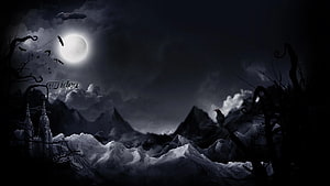 Eerie Moonlit Mountain Landscape with Gothic Castle and Bats HD wallpaper