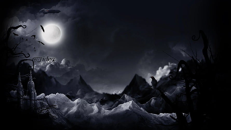 Eerie Moonlit Mountain Landscape with Gothic Castle and Bats HD wallpaper