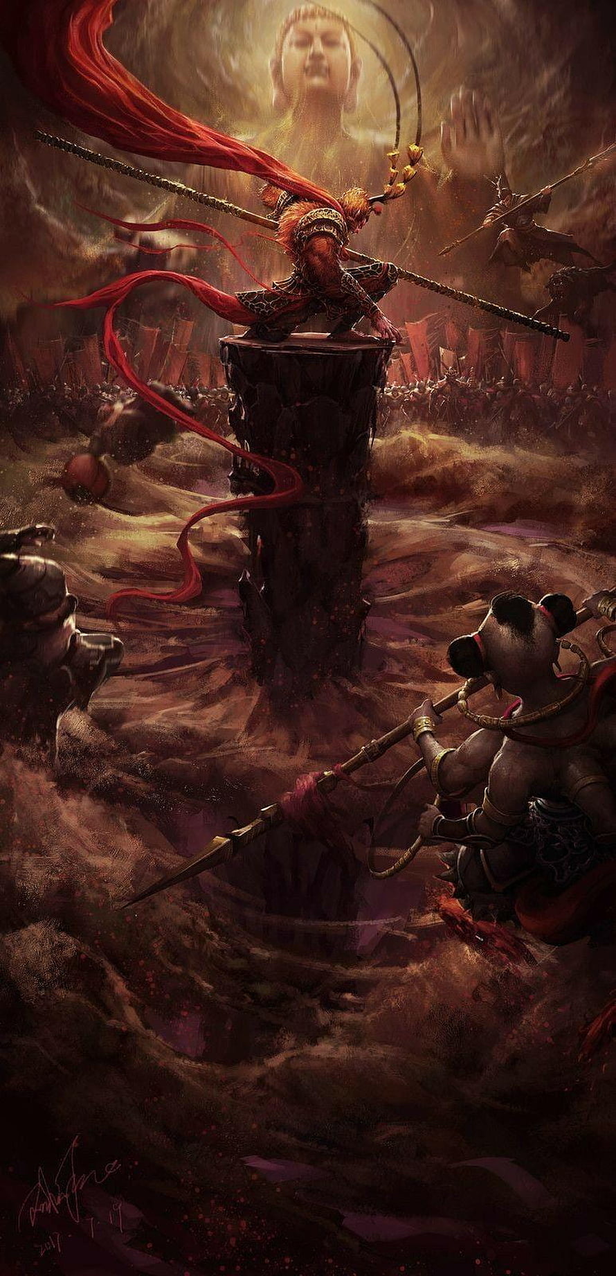 Monkey King Battle Scene with Sun Wukong and Heavenly Armies HD phone wallpaper
