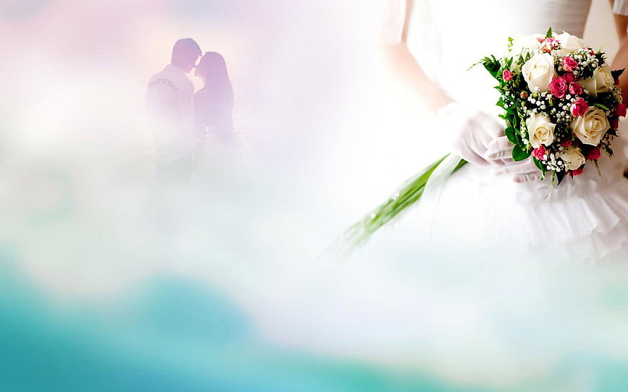 Romantic Wedding Bouquet with Soft Focus Couple Silhouette in Dreamy Pastel Mist HD wallpaper