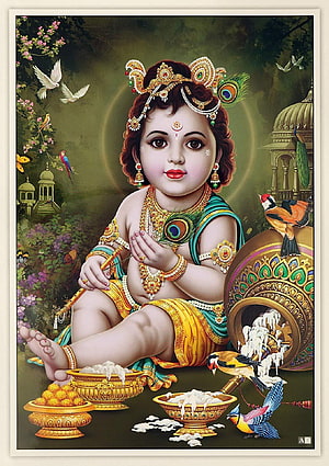 Baby Krishna Stealing Butter with Birds and Peacock Feather Crown HD phone wallpaper
