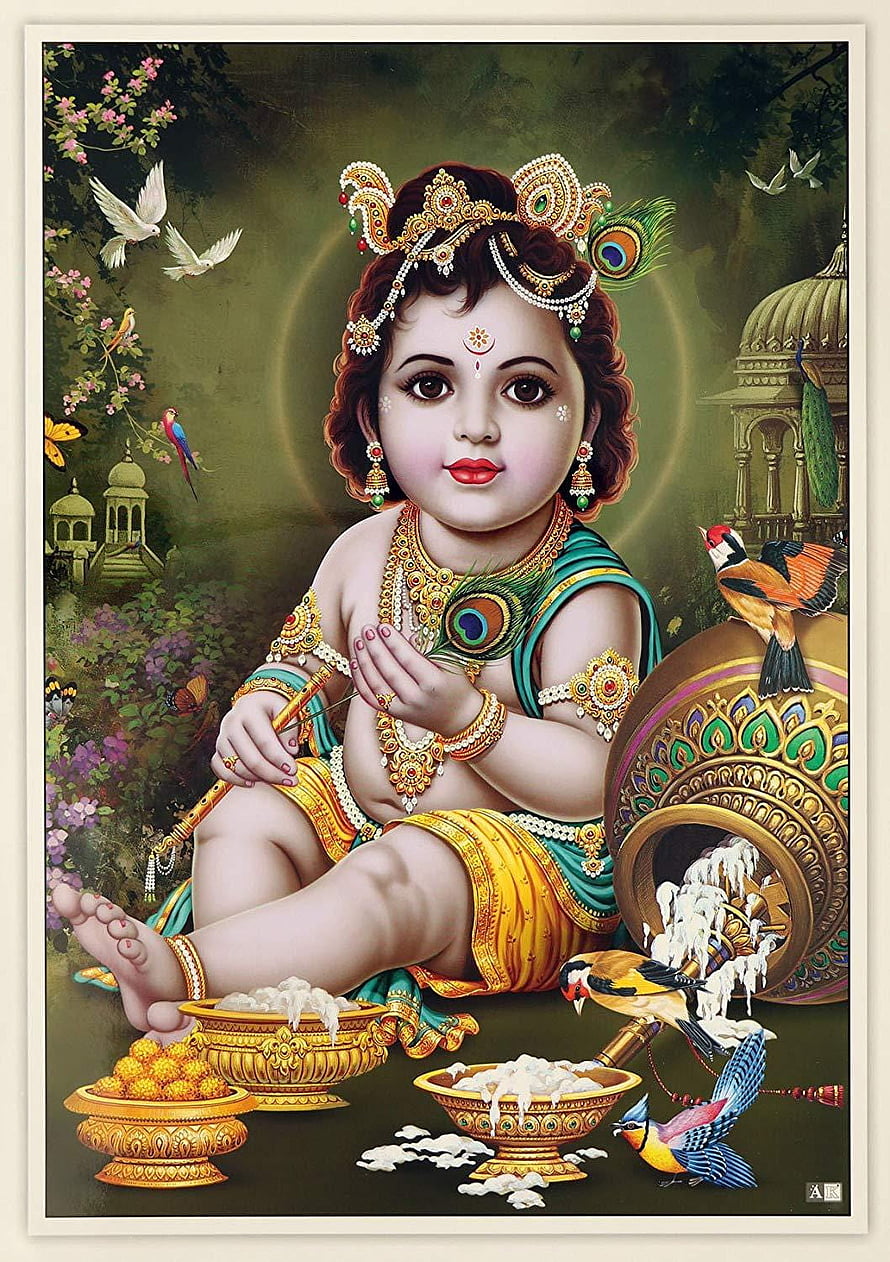Baby Krishna Stealing Butter with Birds and Peacock Feather Crown HD phone wallpaper
