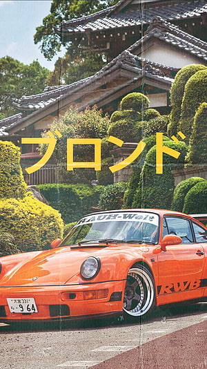 Orange RWB Porsche 911 Widebody in Front of Traditional Japanese Temple HD phone wallpaper
