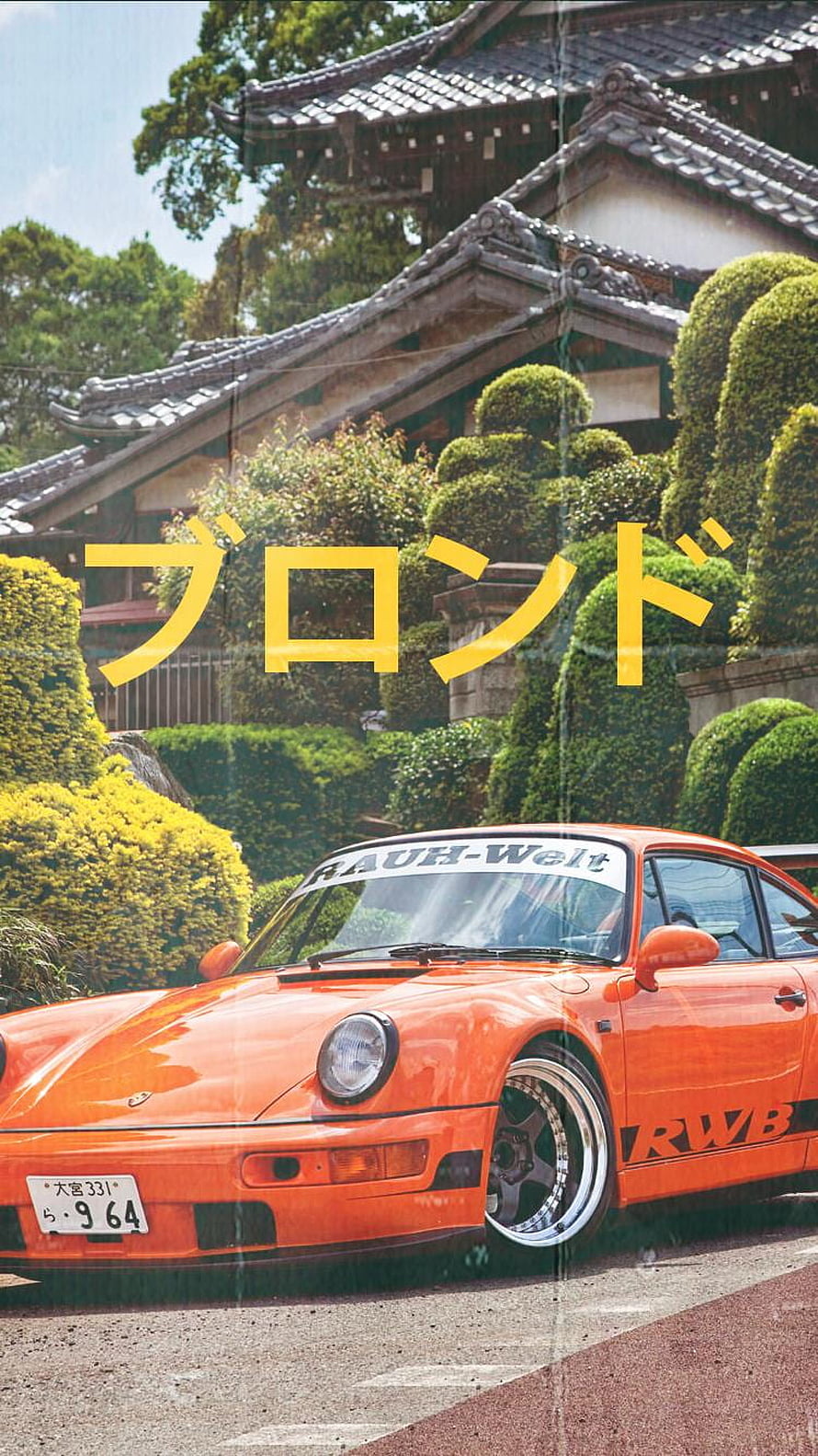 Orange RWB Porsche 911 Widebody in Front of Traditional Japanese Temple HD phone wallpaper
