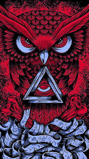 Red Owl With All-Seeing Eye Triangle And Occult Symbols Illustration HD phone wallpaper