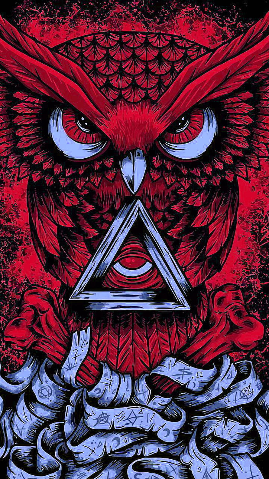 Red Owl With All-Seeing Eye Triangle And Occult Symbols Illustration HD phone wallpaper