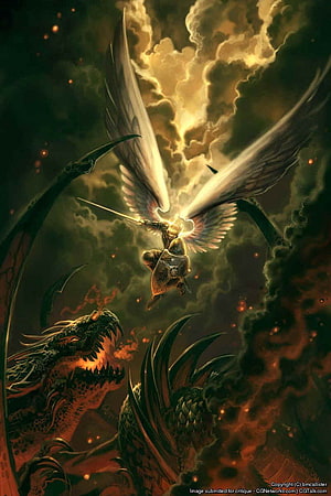 Archangel Michael Descending in Divine Light to Confront a Fierce Dragon HD phone wallpaper