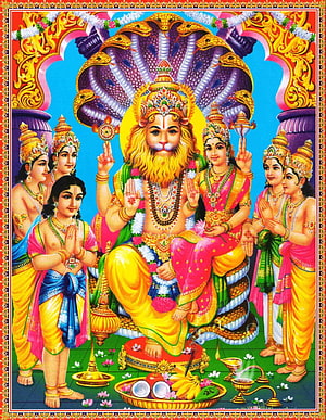 Lord Narasimha with Devotees and Divine Offerings Hindu Mythology Art HD phone wallpaper