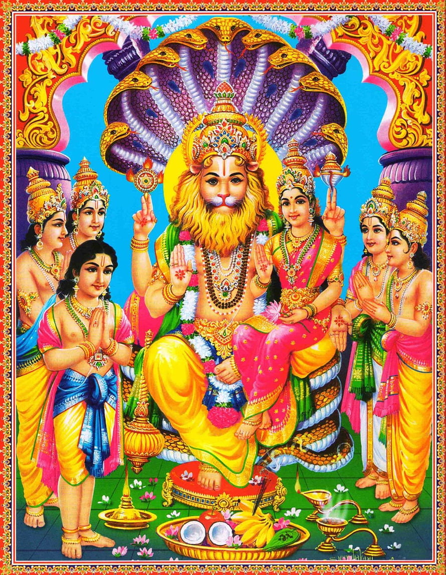 Lord Narasimha with Devotees and Divine Offerings Hindu Mythology Art HD phone wallpaper