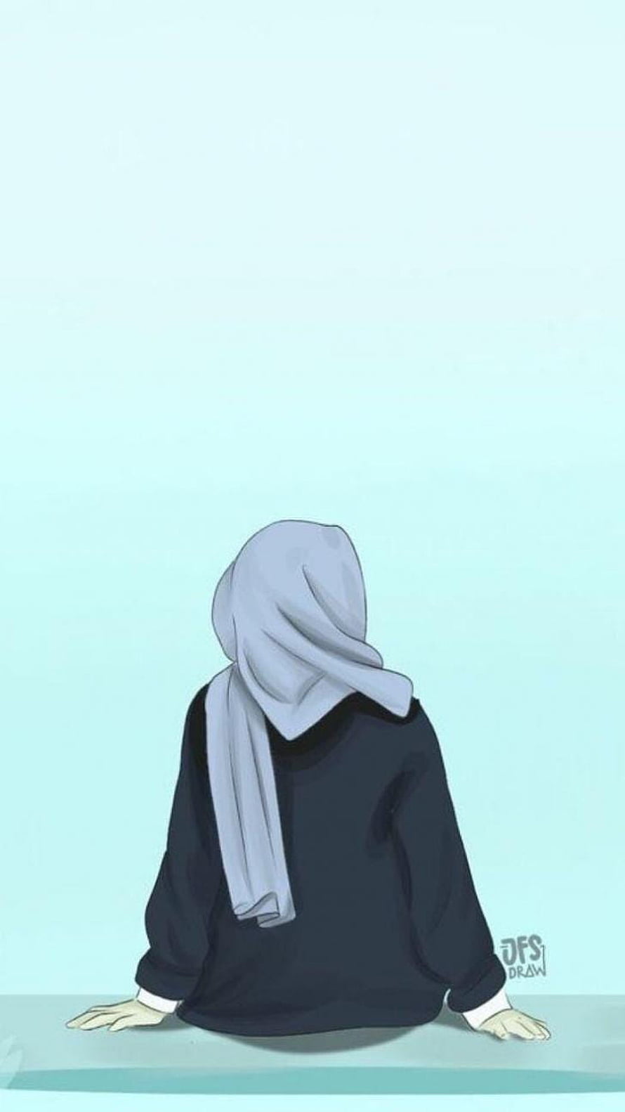 Minimalist digital illustration of a girl in a hijab sitting with her back turned against a soft pastel background HD phone wallpaper