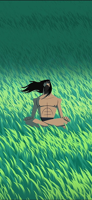 Samurai Jack meditating in a vast green grass field in a minimalist cartoon style HD phone wallpaper