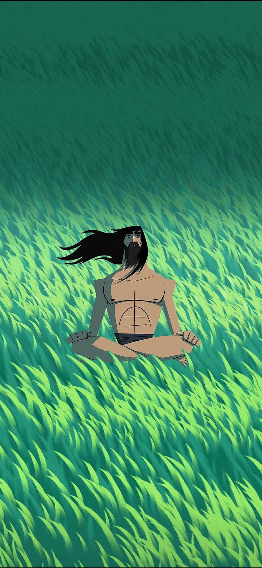 Samurai Jack meditating in a vast green grass field in a minimalist cartoon style HD phone wallpaper