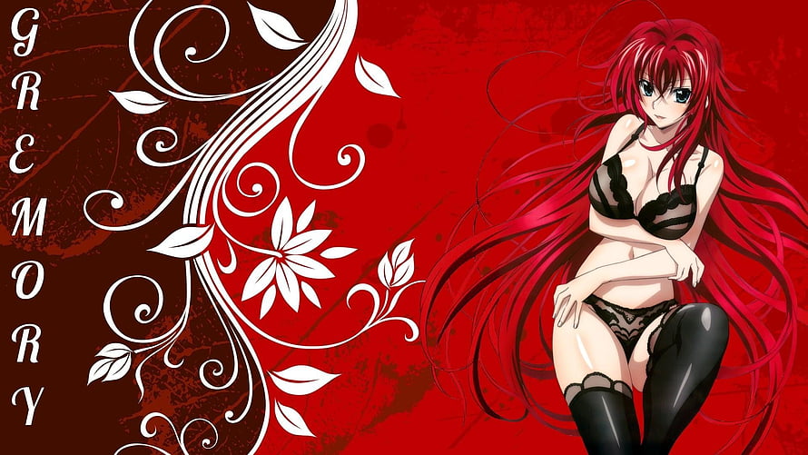 Rias Gremory from High School DxD in Black Lingerie with Red Hair and Floral Design HD wallpaper