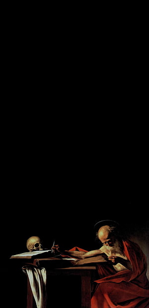 Saint Jerome Writing by Caravaggio, Baroque Oil Painting with Skull and Books HD phone wallpaper