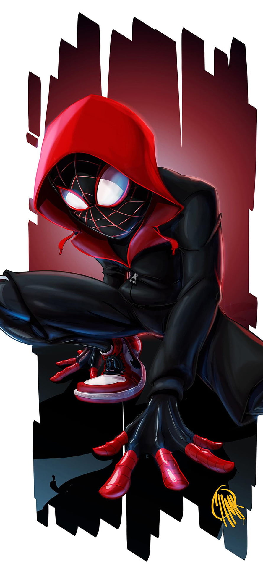 Miles Morales Spider-Man in Red Hoodie and Black Suit Crouching Pose Digital Art, 1125x2436 Spiderman Miles Morales Art XS, 10, miles morales spider man HD phone wallpaper