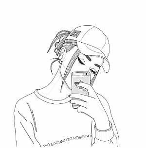 Black and white line art sketch of a girl in a cap looking at her smartphone HD phone wallpaper