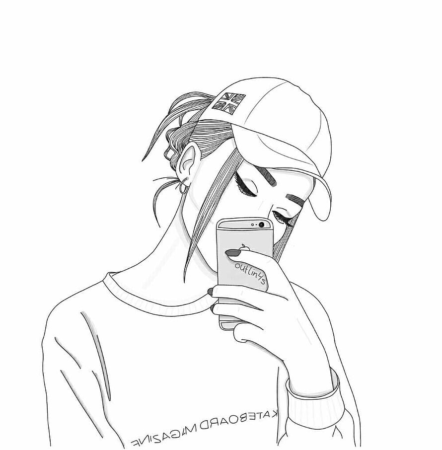 Black and white line art sketch of a girl in a cap looking at her smartphone HD phone wallpaper