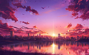 Vibrant Anime Cityscape at Sunset with Lake Reflection and Dramatic Clouds HD wallpaper