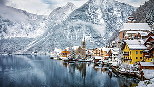Hallstatt Austria Winter Village Snowy Lake and Church Reflection HD wallpaper