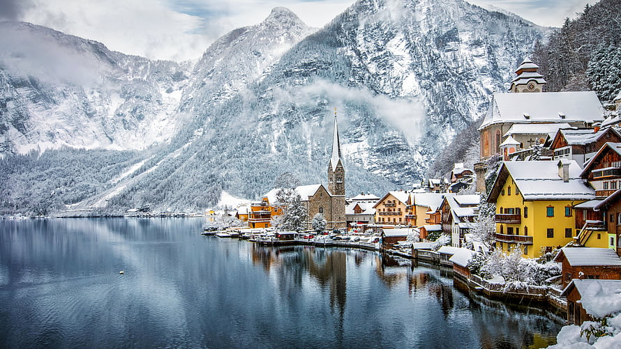 Hallstatt Austria Winter Village Snowy Lake and Church Reflection HD wallpaper