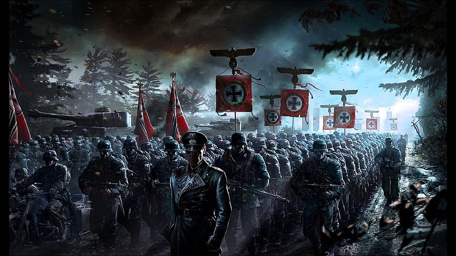 Dark Fantasy Nazi Army Marching Through Forest With Iron Cross Banners And Tanks HD wallpaper