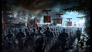 World War II German Infantry Column Marching Through Dark Forest With Military Banners, Nazi 3, nazi HD wallpaper