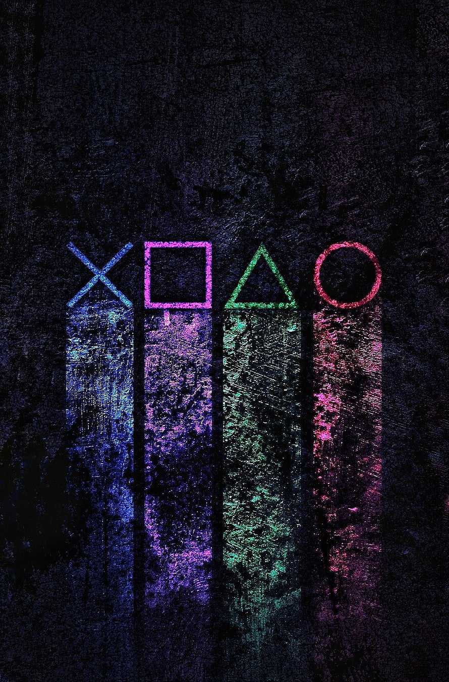 Neon PlayStation Controller Symbols on Dark Grunge Background HD phone wallpaper