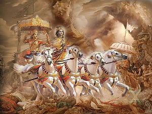 Arjuna and Krishna in the Chariot from the Mahabharata War HD wallpaper