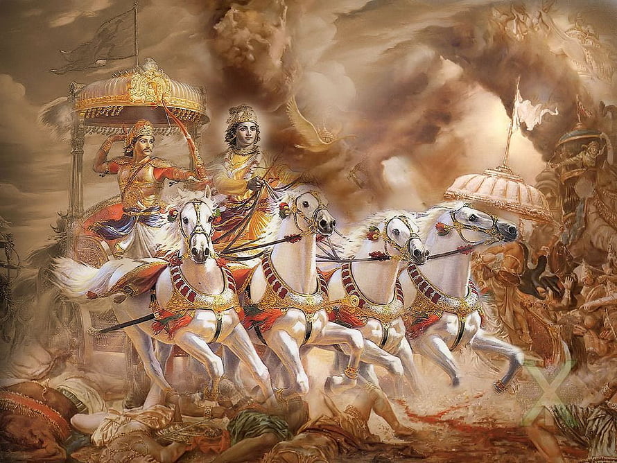 Arjuna and Krishna in the Chariot from the Mahabharata War HD wallpaper