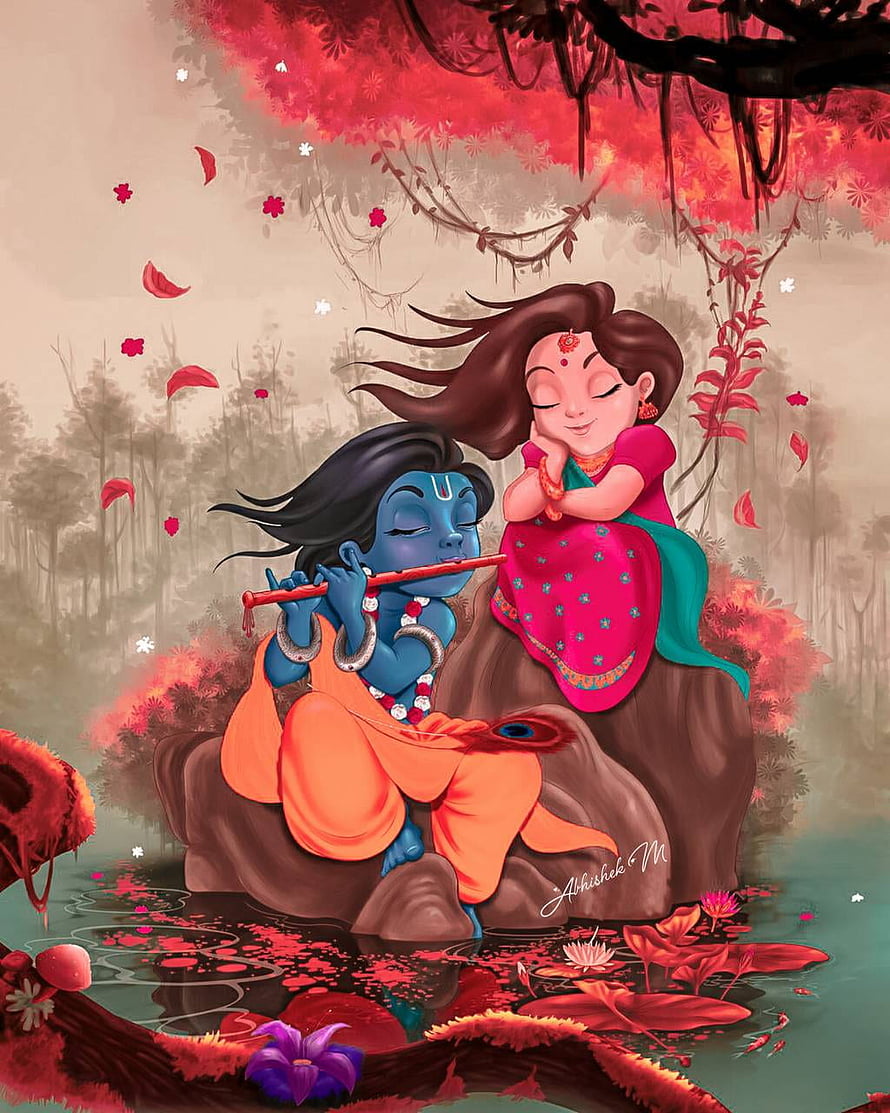 Radha Krishna playing flute under a red tree in a romantic forest setting, Radha Krishna Art by AbhishekM35, radha krishna HD phone wallpaper