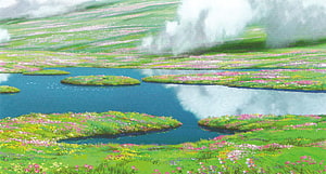 Howl's Moving Castle Animated Landscape with Flowing River and Wildflower Meadow HD wallpaper