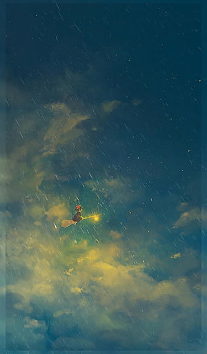Kiki Flying on a Broomstick Through Rainy Night Clouds in Studio Ghibli Style HD phone wallpaper