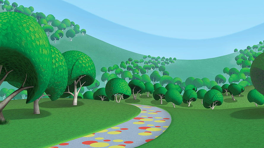 Mickey Mouse Clubhouse Cartoon Forest Path With Colorful Dots And Rolling Green Hills HD wallpaper