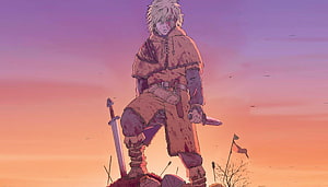 Vinland Saga Manga Character Standing on Battlefield at Sunset HD wallpaper