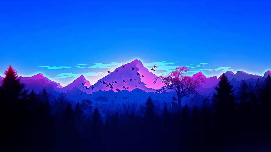 Vaporwave Minimalist Mountain Landscape with Neon Purple Peaks and Silhouetted Forest HD wallpaper