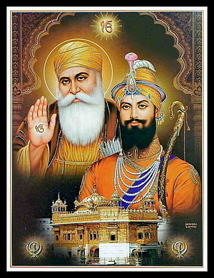 Sri Guru Nanak Dev Ji and Guru Gobind Singh Ji with Golden Temple Art HD phone wallpaper