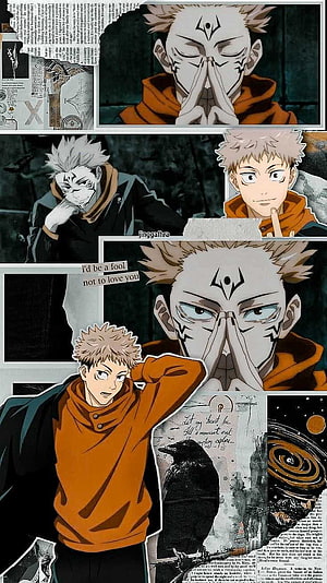 Gojo Satoru Jujutsu Kaisen Anime Character Orange Hoodie Collage Wallpaper HD phone wallpaper