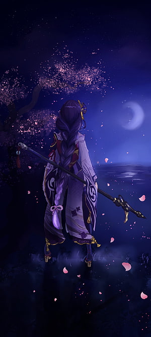 Raiden Shogun Genshin Impact Anime Artwork Under Moonlit Cherry Blossoms HD phone wallpaper