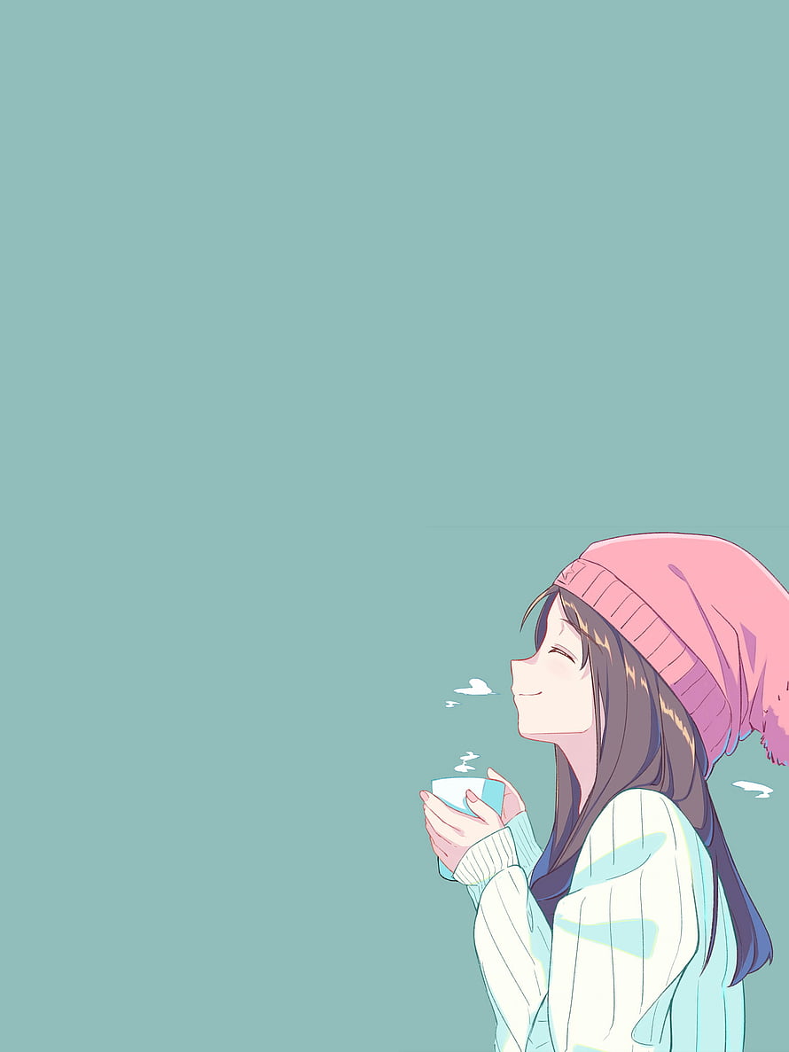 Cute Anime Girl in Pink Beanie Enjoying a Warm Drink on a Mint Background HD phone wallpaper