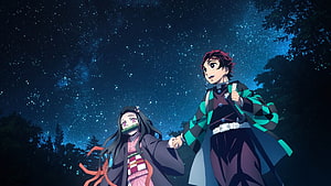 Tanjiro and Nezuko Holding Hands Under a Starry Night Sky in Demon Slayer HD wallpaper
