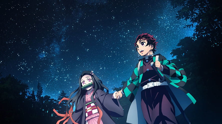 Tanjiro and Nezuko Holding Hands Under a Starry Night Sky in Demon Slayer HD wallpaper