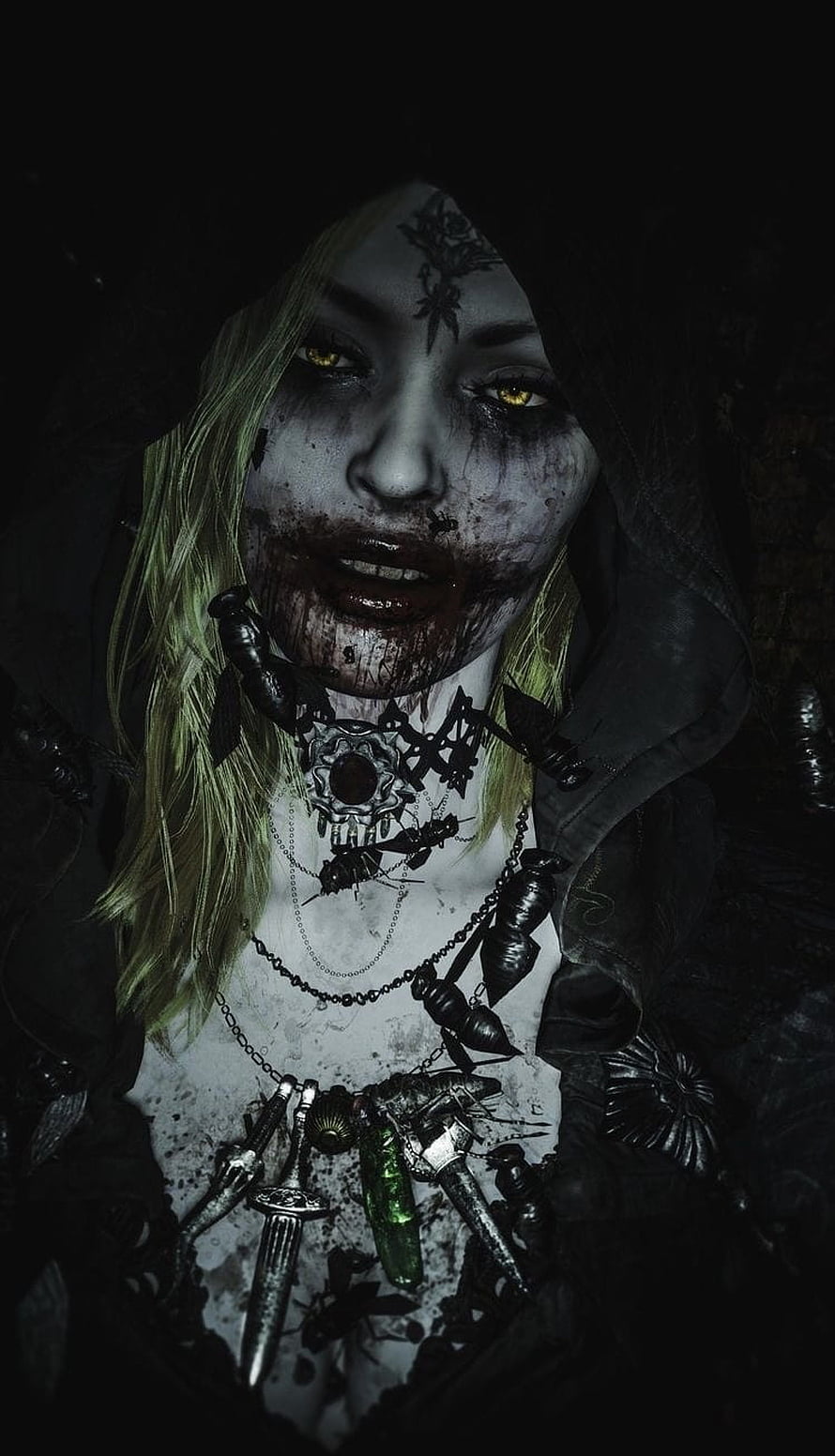 Bela Dimitrescu Portrait with Pale Skin, Yellow Eyes, and Dark Gothic Jewelry HD phone wallpaper