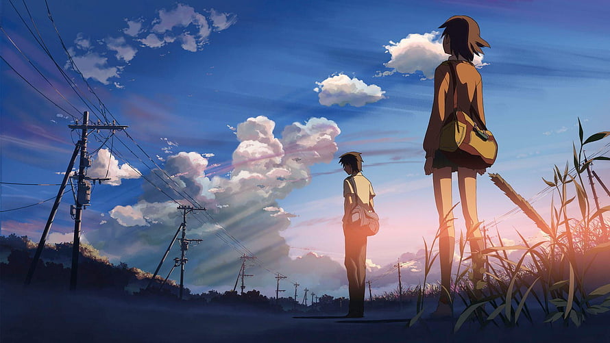Two Anime Characters Standing in a Field at Sunset with Power Lines and Clouds HD wallpaper