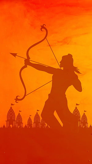 Silhouette of Arjuna Drawing Bow Against Orange Sky With Temple Background HD phone wallpaper