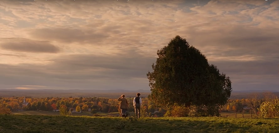 Two Figures Gazing at Autumn Countryside Landscape at Sunset HD wallpaper