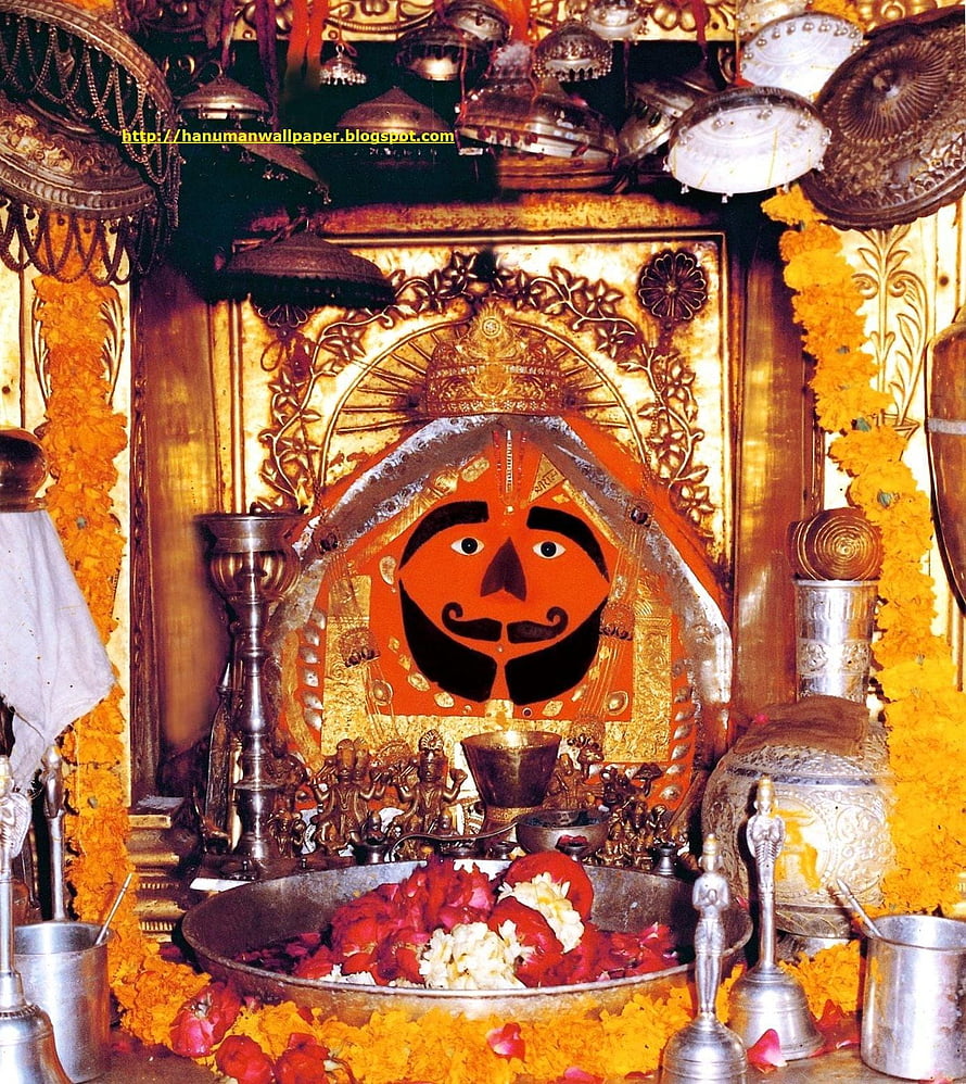 Traditional Hanuman Temple Altar with Orange Deity Face and Marigold Garlands, Pin on, salasar balaji HD phone wallpaper