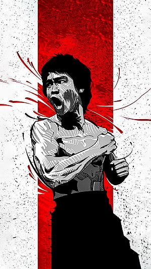 Bruce Lee Fighting Stance Illustration Red Black White HD phone wallpaper