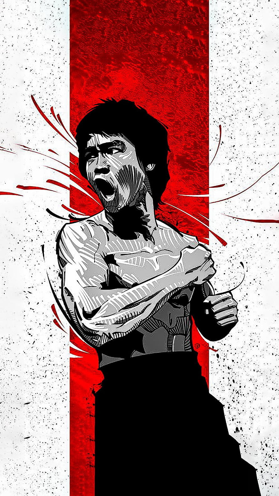 Bruce Lee Fighting Stance Illustration Red Black White HD phone wallpaper