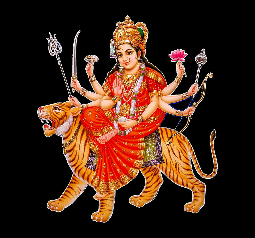 Goddess Durga Riding a Tiger with Weapons and Lotus in Traditional Indian Art HD wallpaper