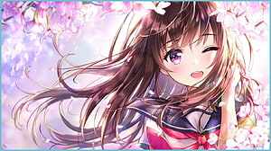 Anime Girl Winking Under Cherry Blossoms in School Uniform HD wallpaper